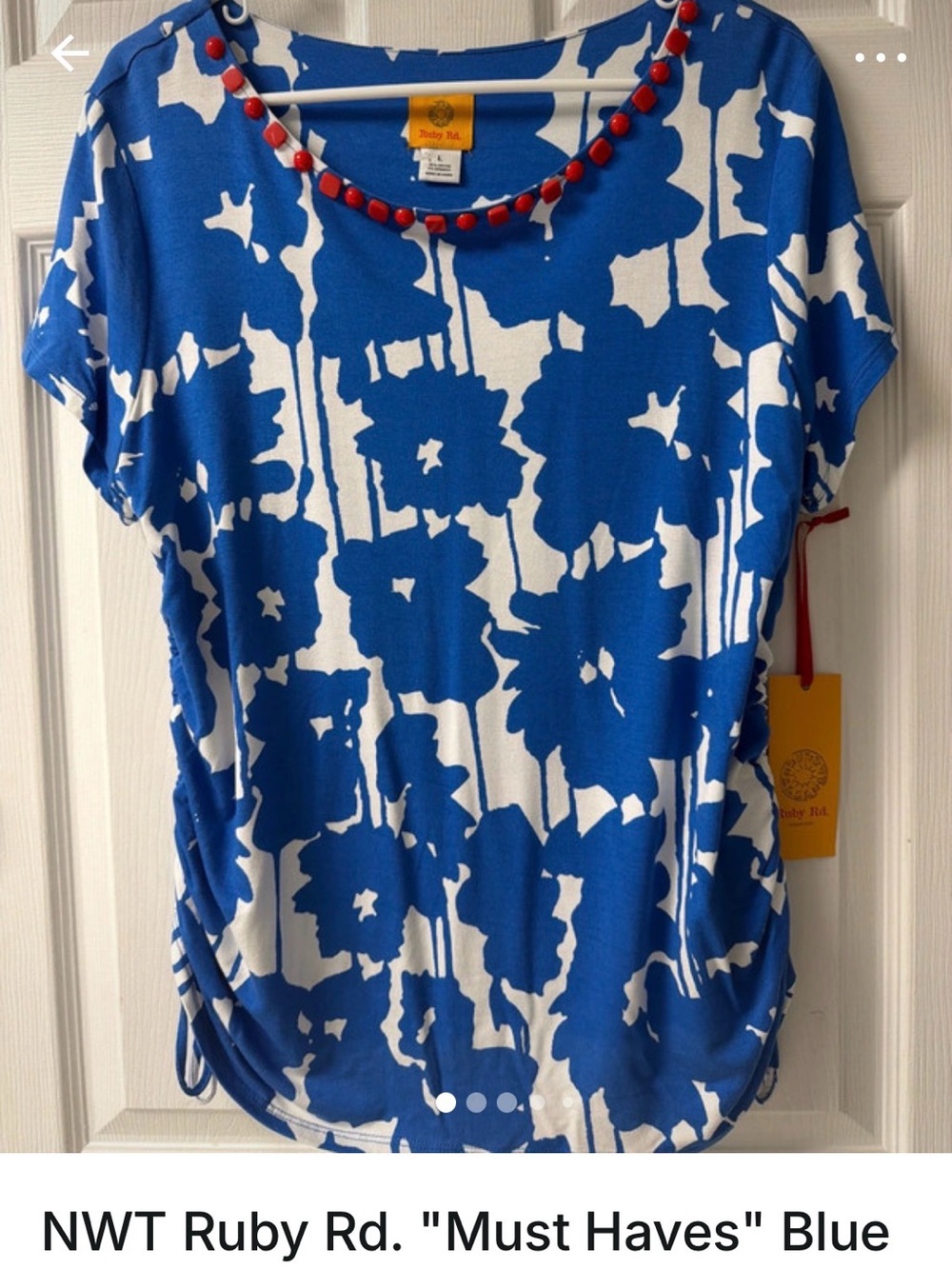 Ruby Rd. Blue & White Floral Print Short Sleeve Top